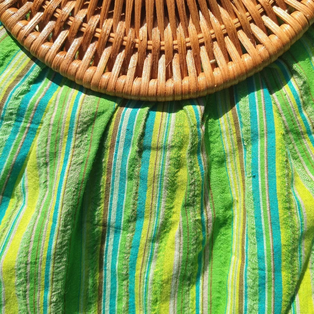 EUC, Colorful stripe bag with wicker handle, green, aqua, brown - Picture 2 of 5